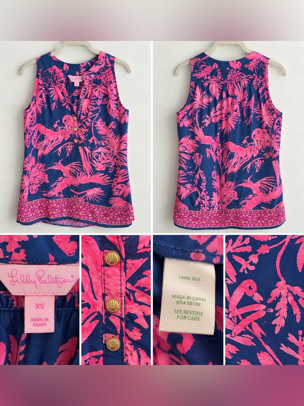 Lilly Pulitzer XS 100% Silk Pink Navy Tropical Sleeveless Top